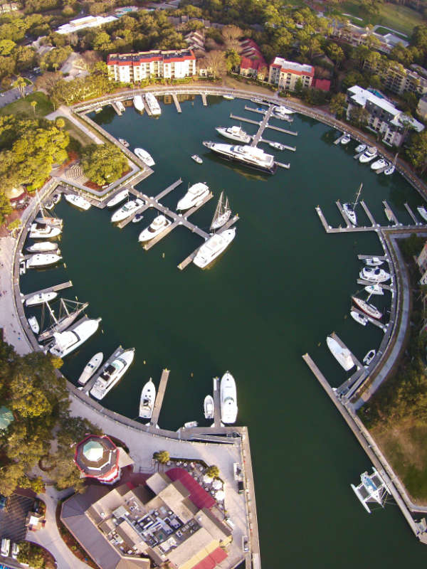 Aerial View of Hilton Head Island with boats at the marina